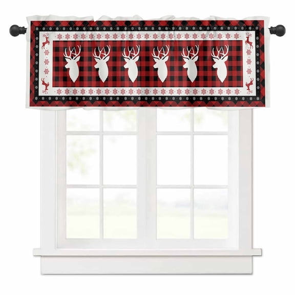 Xmas Deer Valances for Windows Red Buffalo Plaid Rod Pocket Curtain Valance Window Treatment Short Curtains for Kitchen Living Room, 42"x12"