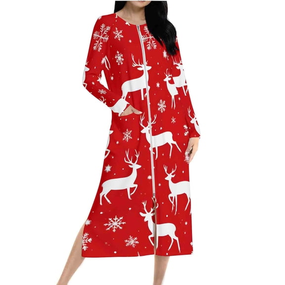 Xmas Elk Robes for Women Long,Soft Zipper Nightgown Long Sleeve Housecoat with Pocket Comfy Bathrobes Knee Length Pajama Dress Plus Size Loungewear Nightwear Gift for Mother