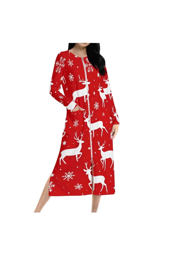 Xmas Elk Robes for Women Long,Soft Zipper Nightgown Long Sleeve Housecoat with Pocket Comfy Bathrobes Knee Length Pajama Dress Plus Size Loungewear Nightwear Gift for Mother