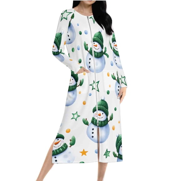 Xmas Elk Robes for Women Long,Soft Zipper Nightgown Long Sleeve Housecoat with Pocket Comfy Bathrobes Knee Length Pajama Dress Plus Size Loungewear Nightwear Gift for Mother