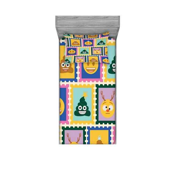 Xmas Emoji Fitted Sheet & Pillow Sham Set, New Year Pop Art Vibes Design Poop Round Faces and Deers Print, Decorative Printed 2 Piece Bedding Decor, Twinxl, Mustard and Dark Lavender, by Ambesonne