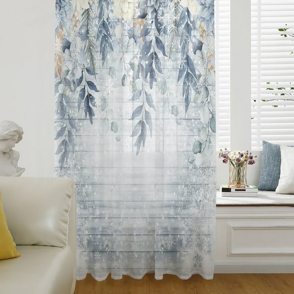Xmas Eucalyptus, Semi Sheer Curtains Drapes for Living Room, Bedroom, French Doors Window 108 Inches Long, Christmas Farmhouse Snowflake Wood Rod Pocket Chiffon Curtain Drapery Voile Draperies Panel