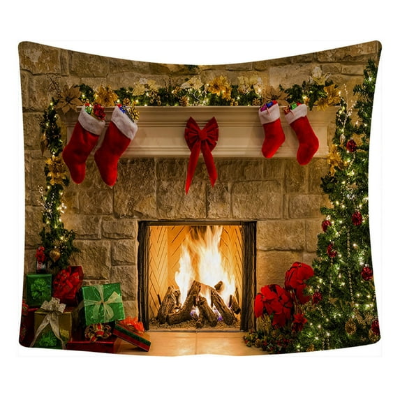Xmas Fireplace Backdrop Christmas Tree Photography Background Party Banner Home Decoration, 95x73cm