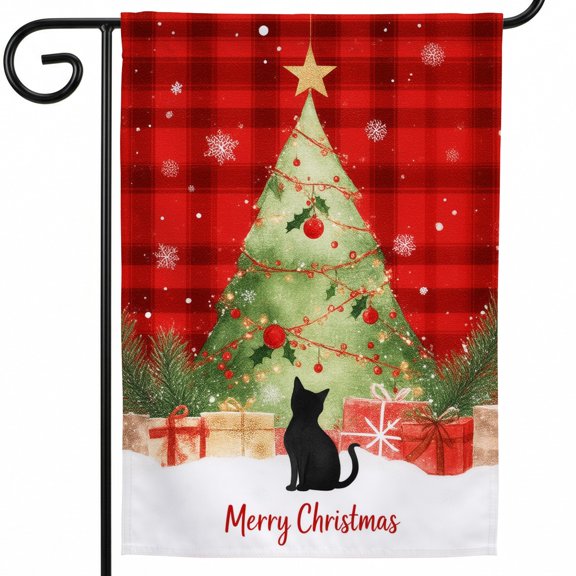 Xmas Flag,A black cat sitting in front of a Christmas tree,Outdoor Christmas Flag 28x40,Outdoor Holiday Flag,Outdoor Christmas Decorations