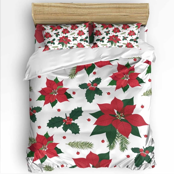 Xmas Flowers Twin Size Comforter Set, Green Red Christmas Poinsettias Pine Leaf Fruits Bedding for All Seasons, 4 Pcs Bed Set with 1 Comforter (68"x86") ,1Sheet(66"x116"), 2 Pillowcases (19"x29")