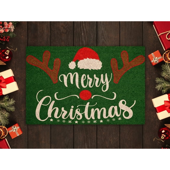 Xmas Fun Themed Green Doormat Rug - 16X24Inch Size Indoor Outdoor Floor Mat For Home Entryway Living Room Bedroom Office Hallway - Christmas Holiday Party Decorations Front Door