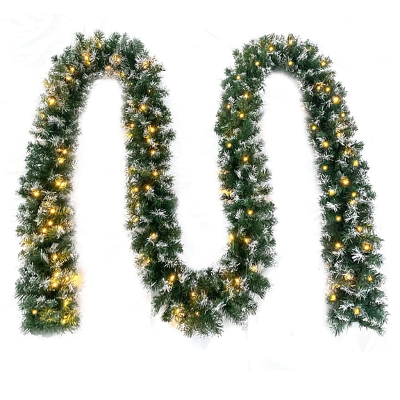 18ft Christmas Garland with Battery Operated 50 LED Lights and Timer Snow Flocked Christmas Decorations Xmas Garland for Stairs Fireplaces Wall Door Xmas Garland