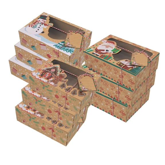 Xmas Gift Boxes with Display Window, Kraft Paper Case, Gift Giving Holiday Christmas Cookie Boxes for Chocolate, Bakery Cake Strawberries Pastry 9 Set