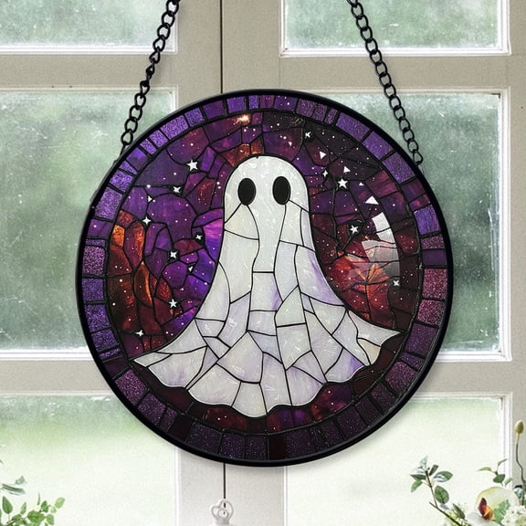 Xmas Gift - Halloween White Star Ghost Purple Starry Sky Spookys Xmas Stained Glass Hanging Ornament - Minimal Holiday Tree Decor, Christmas Gift for Mom, Dad, Friends