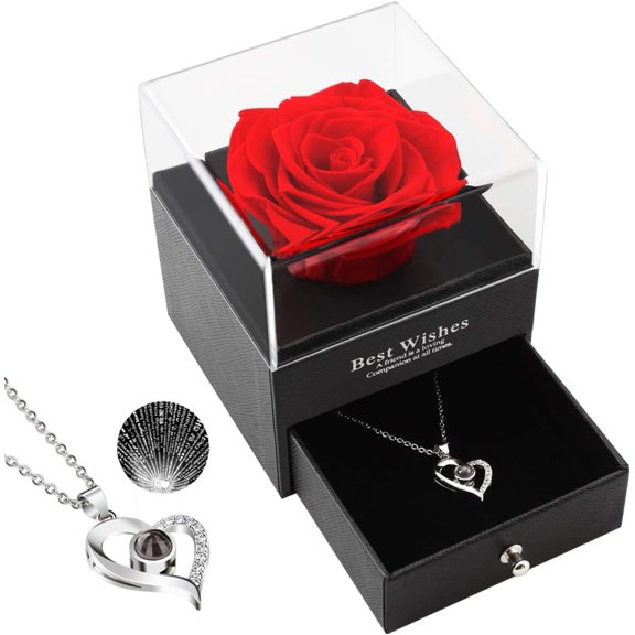 Xmas Gifts for Women,Preserved Rose Gifts for Girlfriend,Preserved Real Rose with Languages I Love You Necklace,Christmas Day Romantic Gifts for Wife