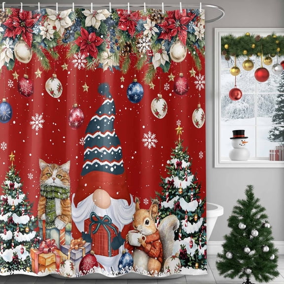 Xmas Gnome Ball Squirrel Cat TreePoinsettia Snow on Red