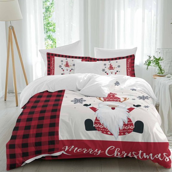 Xmas Gnome Duvet Cover Set King Size, Merry Christmas 4 Piece Soft Microfiber Bedding Set Holiday Bedding with Zipper Closure, 1 Comforter Cover, 1 Flat Sheet, 2 Pillowcases