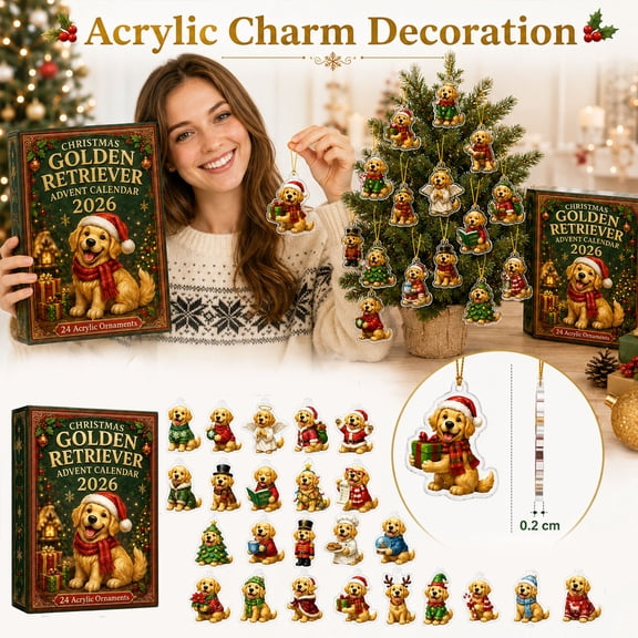 New Christmas Golden Retriever Advent Calendar 2026, 24 Days Countdown with Unique 2D Acrylic Hanging Ornaments Holiday Surprise Gift 24pcs #22