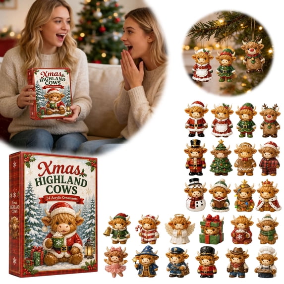 Xmas Highland Cow 24 Days Advent Calendar, 10.24x7.09in 2D Acrylic Blind Box Ornaments, Christmas Tree & Car Rearview Countdown Decor