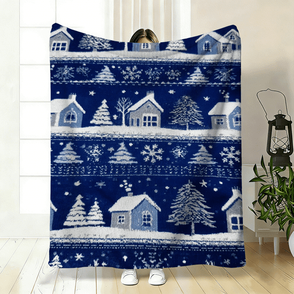 Xmas Houses Polyester Flannel Blanket – Soft, Warm Throw for Bed, Sofa, Travel, Camping – 3 Sizes