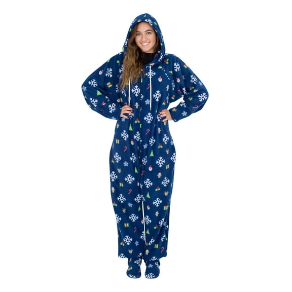 Xmas Icons Navy Ugly Christmas Pajama Suit with Hood