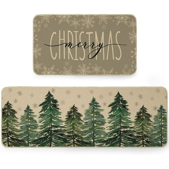 Xmas Kitchen Mats Set of 2,Winter Christmas Tree Print Rugs,Home Decor Floor Mat, Non-Slip Absorbent Door Mat - 17x29 and 17x47 Inch AKM005