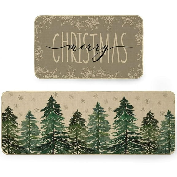 Xmas Kitchen Mats Set of 2,Winter Christmas Tree Print Rugs,Home Decor Floor Mat, Non-Slip Absorbent Door Mat - 17x29 and 17x47 Inch AKM005