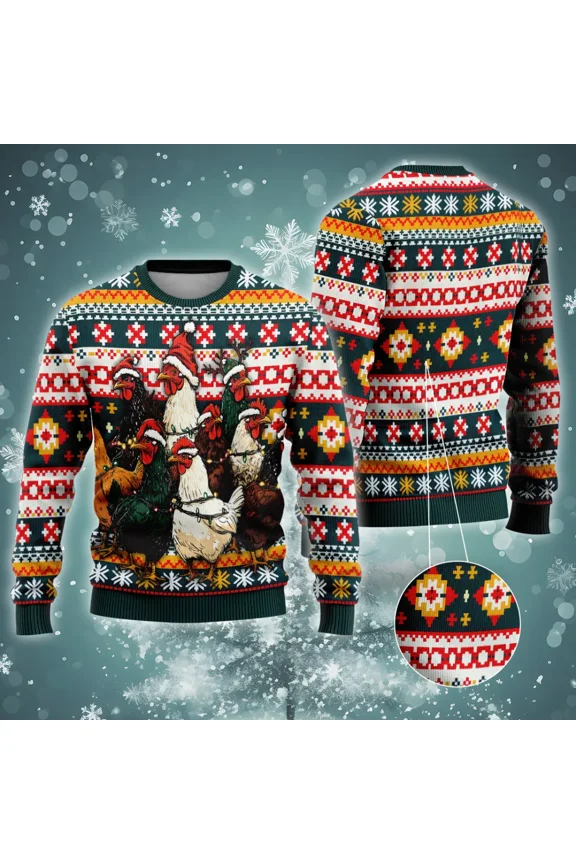 Xmas Lights Chickens Print Christmas Sweater For Men Women, Merry Xmas All Over Printed Sweaters, Holiday Crewneck Unisex Pullover Sweater