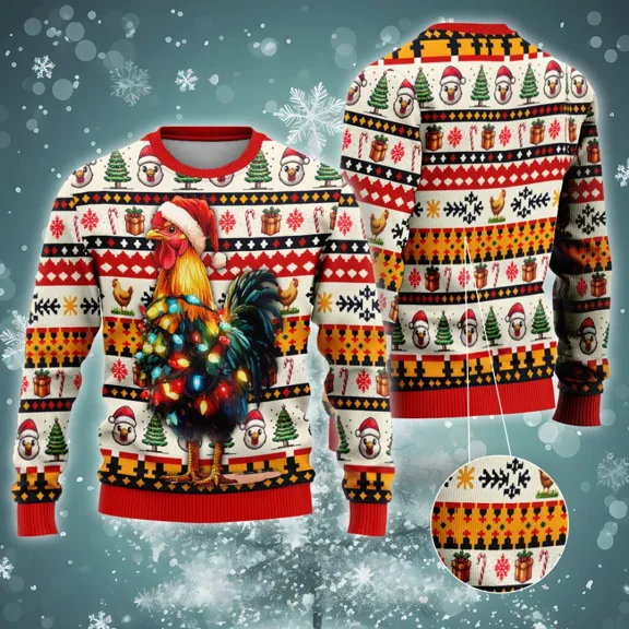 Xmas Lights Rooster 3d Christmas Sweater For Men Women, Xmas Chicken 3d All Over Printed Sweaters, Holiday Crewneck Unisex Pullover Sweater