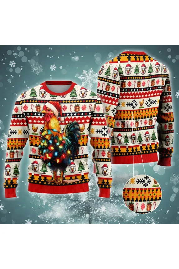 Xmas Lights Rooster 3d Ugly Christmas Sweater For Men Women, Xmas Chicken 3d All Over Printed Ugly Sweaters, Holiday Crewneck Unisex Pullover Sweater