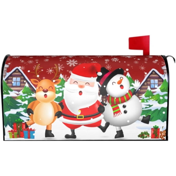 Xmas Mailbox Cover Magnetic Santa Claus Snowman Deer Mailbox Wraps Post Letter Box Cover for Garden Yard Home Decor Standard Size 21" x 18"