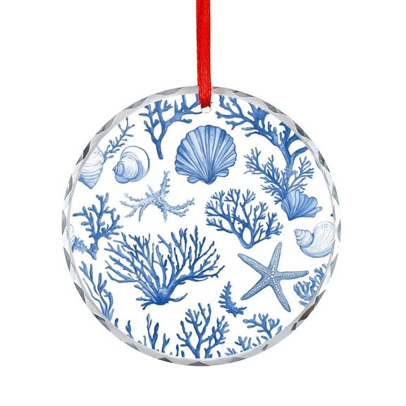 Xmas Ornament Blue Ocean Beach Seashell Starfish Themed Round Glass Christmas Ornaments Ocean Themed Coastal Unique Gift Idea