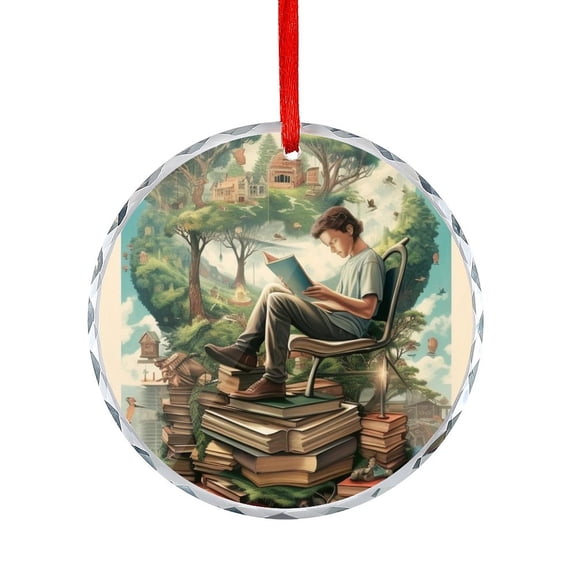 Xmas Ornament Bookworm With Tree Artwork In Oil Paint Christmas Ornaments Crystal Hanging Gifts for Book Lovers Holiday Present Ideas