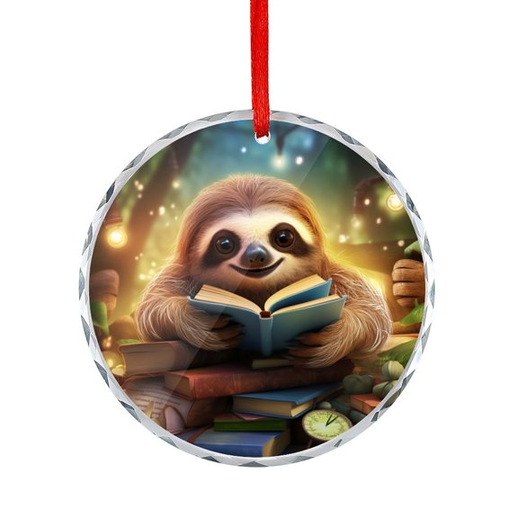 Xmas Ornament Cartoon Cute Bookworm Sloth Reading Books Round Ornament Darling Sloth Themed Christmas Holiday Hanging Ornaments Xmas Tree Decor for Family Friends Lovers