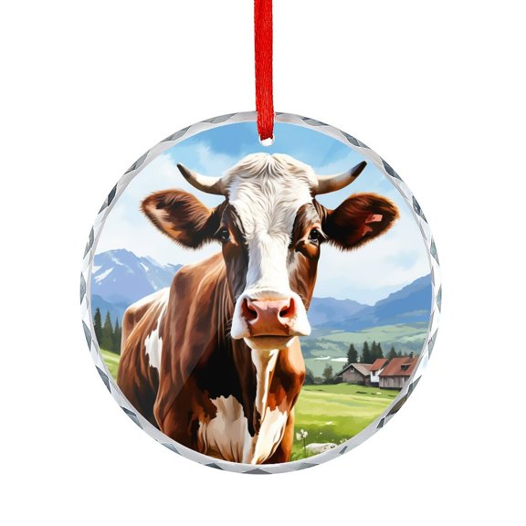 Xmas Ornament Watercolor Paintings Cow Christmas Ornament Round Glass Vintage Rustic Farmhouse Countryside Cow for Home Office Xmas Tree Decor