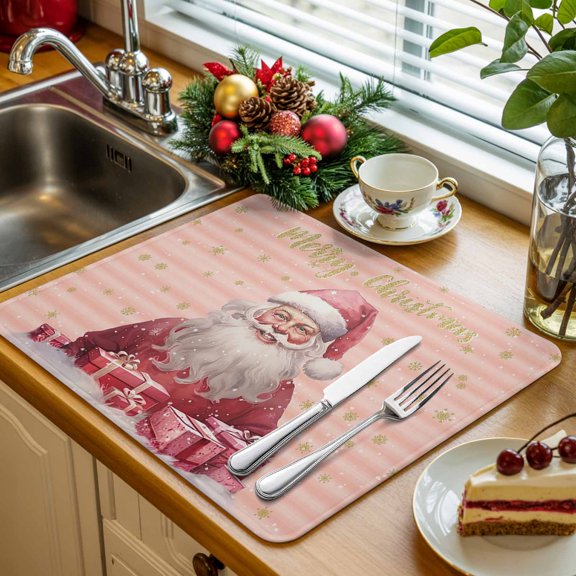 Xmas Pink Santa Claus Gift 1 Pack Dish Drying Mat,Absorbent Drying Pad Gold Snowflake Gradient Stripe Microfiber Kitchen Countertop Protector Mats Dish Drainer Rack Mat for Cups Glassware,16x18in