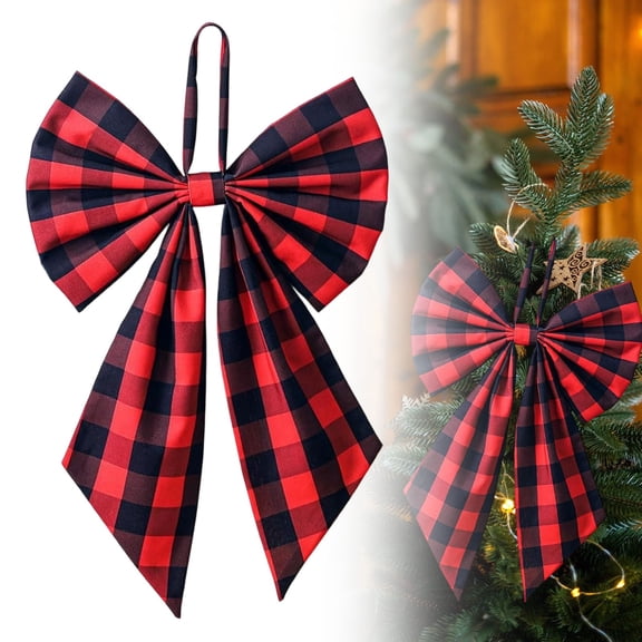 Xmas Plaid Bows,Christmas Tree Topper Bow,1PCS 9.90" Large Bow for Decor,Birthday Party Backdrop,Hanging Decor for Christmas Room Backdrop Wedding Party Coquette Room Decorations(Red-black)