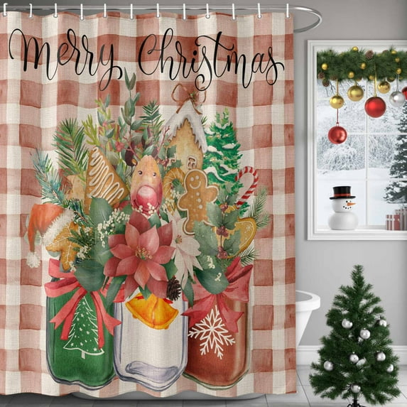 Xmas Poinsettia Winter Plants Red Buffalo Plaid Shower Curtain for Bathroom, Retro Linen Waterproof Shower Curtains Washable Quick Dry with Hooks Bathtub Curtains 60x72IN