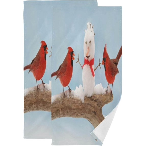 Xmas Red Birds Snowman Hand Towels, Winter View Kitchen Towel Ultra Soft and Absorbent,Decorative Fingertip Face Towel for Bathroom Hotel, 2 PCS, 28.3"x14.4"