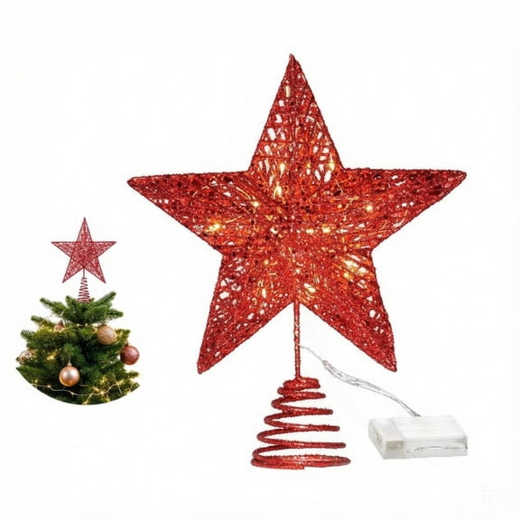 Xmas Red Glittered Treetop Metal Hollow Tree Star for Christmas Tree Decorations,Christmas Star Tree Topper, Holiday Party Indoor Decor(8 x 10 Inch)