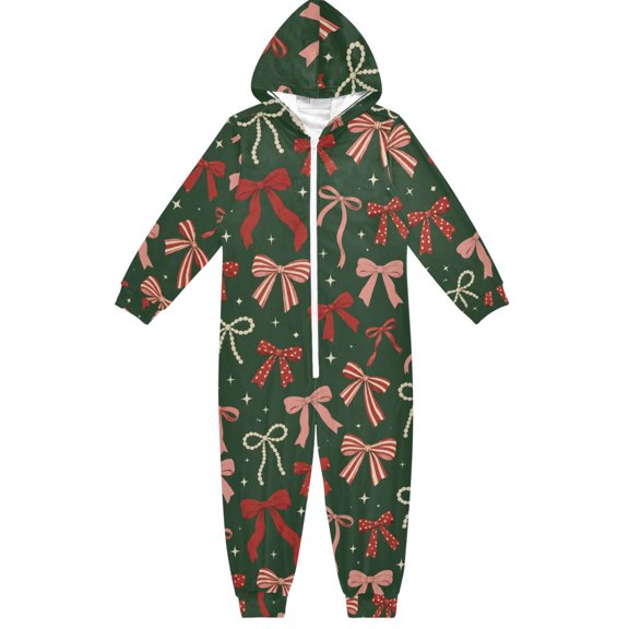 Xmas Red Pink Bow Boys & Girls Hooded One-Piece Pajamas Warm Crystal velvet Hooded Long Sleeve Loungewear Jumpsuit Unisex