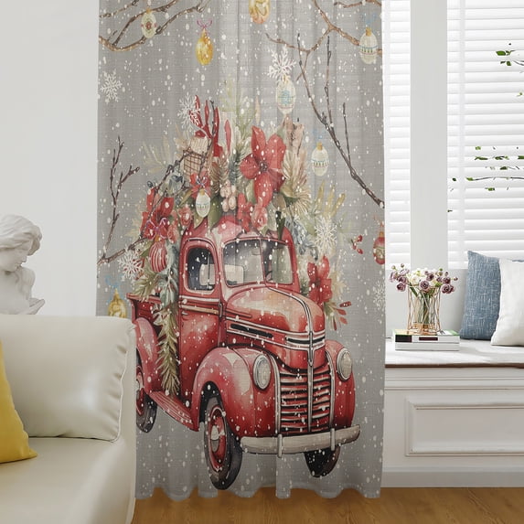 Xmas Red Truck, Semi Sheer Curtains Drapes for Living Room, Bedroom, French Doors Window 54 Inches Long, Christmas Balls Tree Branch Floral Rod Pocket Chiffon Curtain Drapery Voile Draperies Panel
