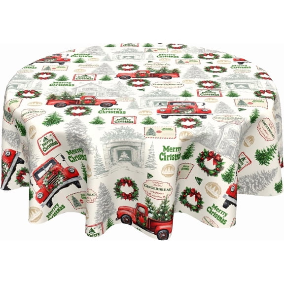 Xmas Red Truck Table Cloth Round Newbridge Green Xmas Pine Hill Tree Tablecloth 60 Inch Decor Washable Stain and Wrinkle Resistant Winter Round Table Cover for Dining Picnic
