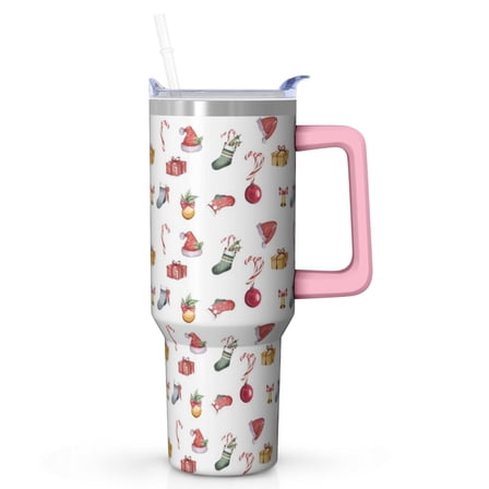 Xmas Reindeer 40oz Stainless Steel Coffee Tumbler with Handle and Straw, Holiday Insulated Leak Proof Mug Cup, Christmas Gift for Women Men