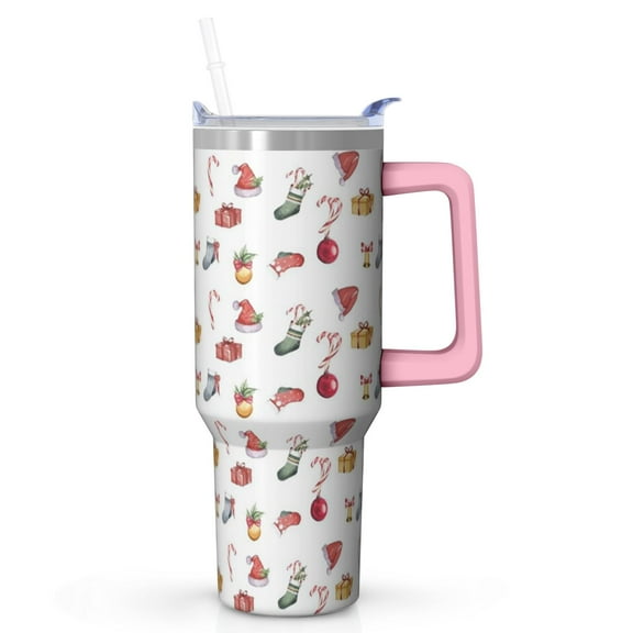Xmas Reindeer 40oz Stainless Steel Coffee Tumbler with Handle and Straw, Holiday Insulated Leak Proof Mug Cup, Christmas Gift for Women Men