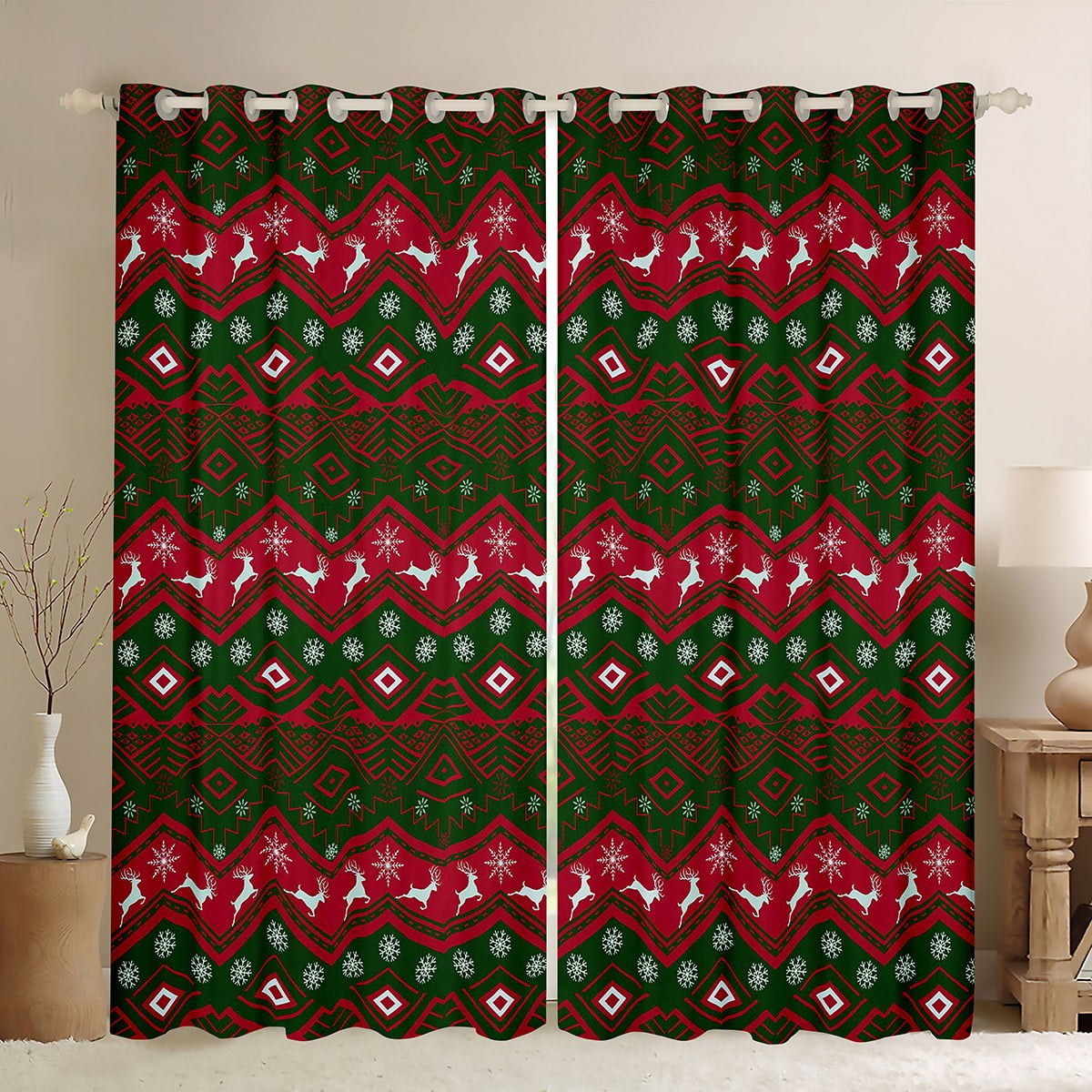 Christmas Blackout Curtains - 55x63 Inch, Rod Pocket, Fir & Balls Pattern, 2 Panels