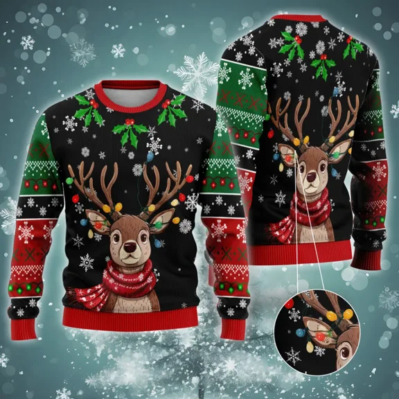 Xmas Reindeer Christmas Sweater For Men Women, Christmas Rudolf All Over Printed Sweater, Holiday Crewneck Unisex Pullover Sweater