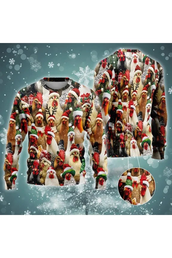 Xmas Roosters 3d All Over Printed Ugly Sweaters, Funny Chickens 3d Ugly Christmas Sweaters For Men Women, Holiday Crewneck Unisex Pullover Sweater