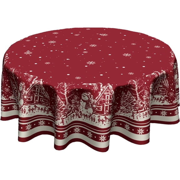 Xmas Round Tablecloth 60 Inch, Farmhouse Red Snow House Snowflakes Holiday Washable Polyester Table Cover for Picnic Dinner Kitchen Winter Seasonal Party Tabletop Decoration