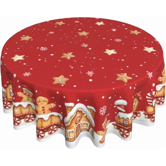 Xmas Round Tablecloth 60 Inch Water-Resistant Washable Fabric Reusable Red Winter Gingerbread Snowman Snow House Table Cover for Decoration Indoor Outdoor Dining