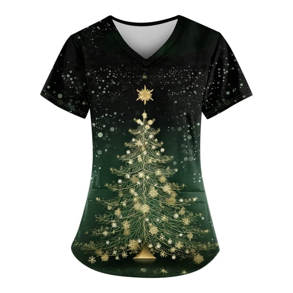 Xmas Scrub Tops Women Nurse 2026 Holiday V Neck Mock Wrap Print Christmas Nurse Shirt with Pockets - 01 - Dark Green - M