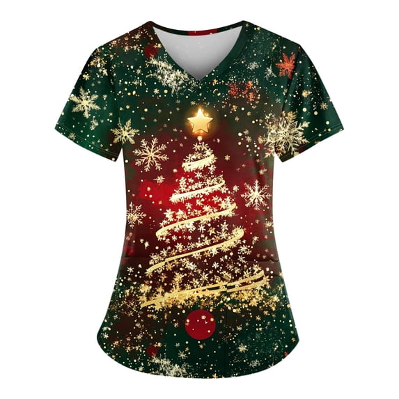 Xmas Scrub Tops Women Nurse 2026 Holiday V Neck Mock Wrap Print Christmas Nurse Shirt with Pockets - 01 - Gold - XL