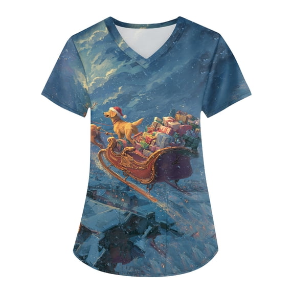 Xmas Scrub Tops Women Nurse 2026 Holiday V Neck Mock Wrap Print Christmas Nurse Shirt with Pockets - 03 - Navy - XL