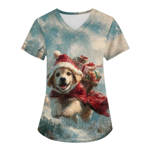 Xmas Scrub Tops Women Nurse 2026 Holiday V Neck Mock Wrap Print Christmas Nurse Shirt with Pockets - 03 - Wine - M
