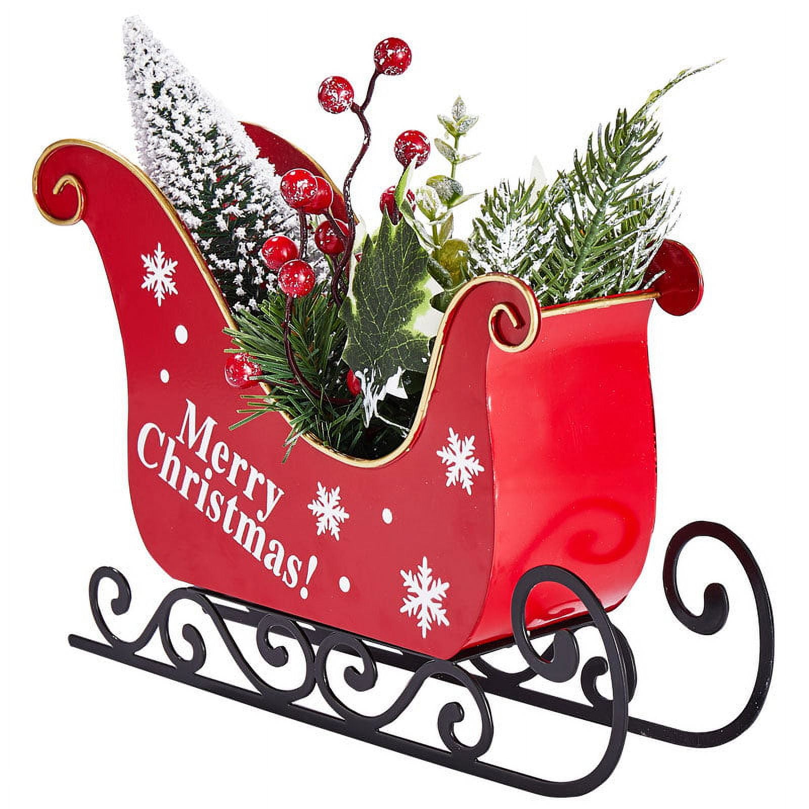 Xmas Sleigh with Simulation Plant Christmas Decor for Table Top Holiday